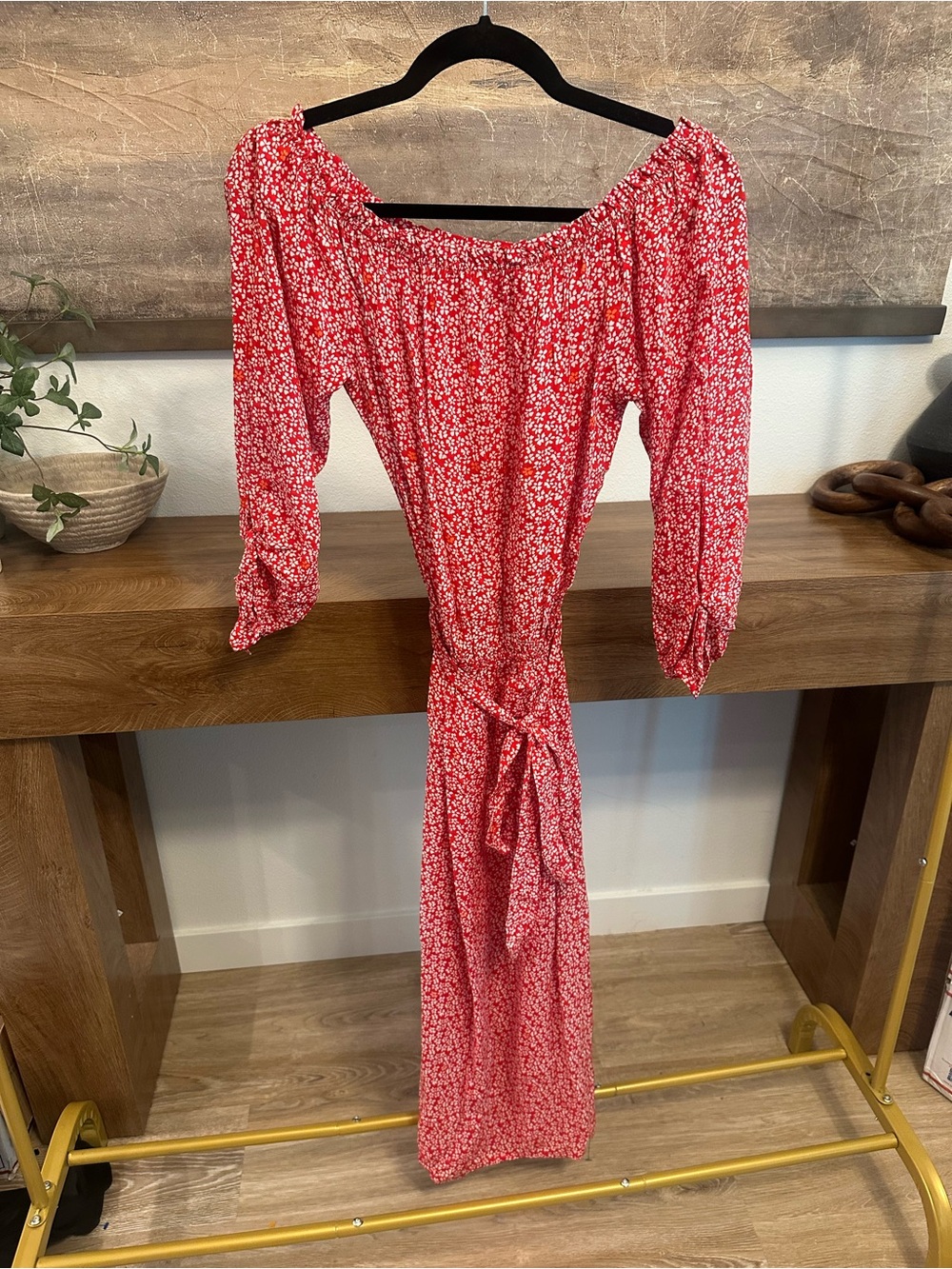 BEACHGOLD Anthropologie Red Floral One-Shoulder Maxi Dress with Waist Tie